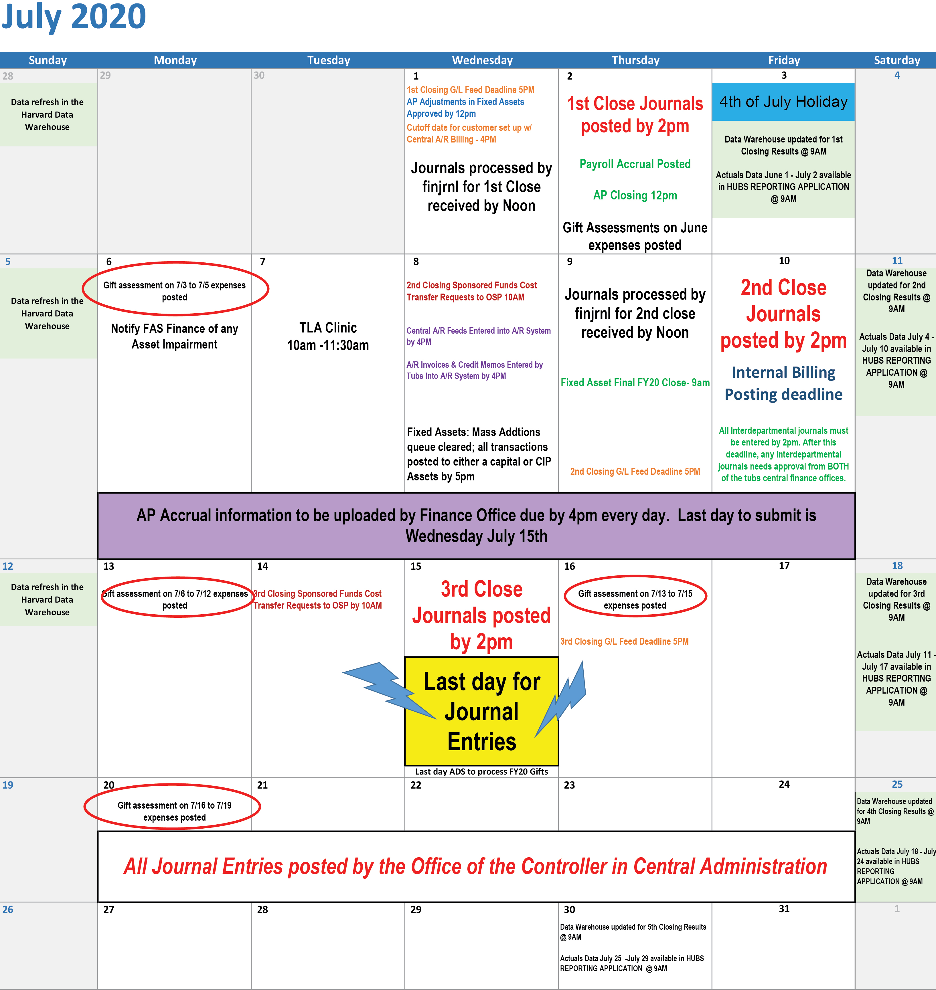 July 2020 Year End Calendar